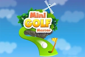Návrh s logom Mini Golf Master nad zeleným golfovým ihriskom s bielou loptou, vlajkou a veterným mlynom v pozadí
