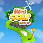 Návrh s logom Mini Golf Master nad zeleným golfovým ihriskom s bielou loptou, vlajkou a veterným mlynom v pozadí