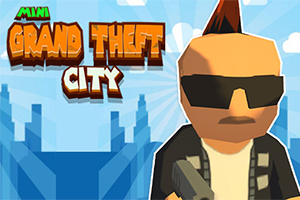 Kreslená postava s čírom a slnečnými okuliarmi drží zbraň, na pozadí sú budovy a modrá obloha s textom MINI GRAND THEFT CITY