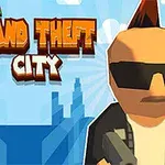 Kreslená postava s čírom a slnečnými okuliarmi drží zbraň, na pozadí sú budovy a modrá obloha s textom MINI GRAND THEFT CITY