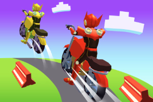 Dvaja postavy v farebných kostýmoch jazdia na futuristických motocykloch na ceste s prekážkami