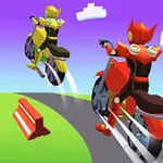 Dvaja postavy v farebných kostýmoch jazdia na futuristických motocykloch na ceste s prekážkami
