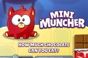 Červený kreslený tvor s veľkými očami pri čokoláde a nápisom MINI MUNCHER na žlto-modrom pozadí