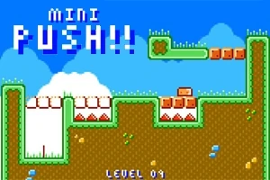 Farebná pixelová grafika s nápisom MINI PUSH!