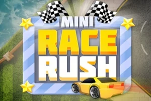 Žlté športové auto vedľa nápisu MINI RACE RUSH s kockovanými vlajkami a hviezdami na modrom pozadí
