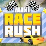 Žlté športové auto vedľa nápisu MINI RACE RUSH s kockovanými vlajkami a hviezdami na modrom pozadí