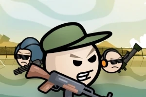 Tri kreslené postavičky so zbraňami na pozadí oploteného areálu