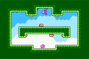 Retro pixelová hra s ružovou šípkou a blokmi na zelenom a modrom pozadí