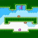 Retro pixelová hra s ružovou šípkou a blokmi na zelenom a modrom pozadí