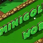 Nápis MINIGOLF WORLD zobrazený na zelenom trávnatom pozadí s golfovou loptičkou v strede