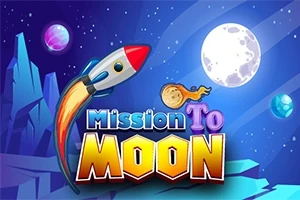 Raketa letí vesmírom s farebnými planétami a mesiacom v pozadí, s veľkým nápisom Mission To Moon