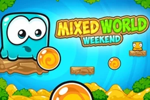 Farebná kreslená scéna s modrou postavičkou, oranžovými guľami a nápisom Mixed World Weekend na modrom pozadí