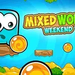 Farebná kreslená scéna s modrou postavičkou, oranžovými guľami a nápisom Mixed World Weekend na modrom pozadí