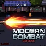 Postava v zbroji strieľa zbrane s ohnivým zábleskom na ulici pred obchodom, s textom „Modern Combat Defense“ v popredí