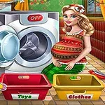 Tehotná žena stojaca vedľa práčky s otvorenými dvierkami a dvoma farebnými košmi označenými ako Toys a Clothes