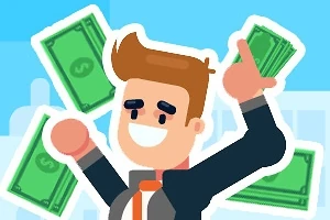 Kreslená postava s úsmevom drží zväzky bankoviek v pozadí svetlomodrého pozadia