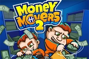 Dvaja kreslení postavičky v oranžovom oblečení držia peniaze s písaným názvom Money Movers 2 v pozadí