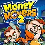 Dvaja kreslení postavičky v oranžovom oblečení držia peniaze s písaným názvom Money Movers 2 v pozadí