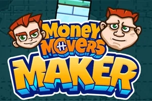 Karikatúrne postavy s červenými vlasmi nad farebným nápisom Money Movers Maker