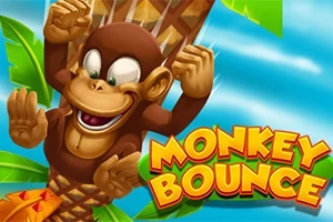 Opica šplhajúca po palme s nadšeným výrazom a farebným nápisom Monkey Bounce na modrej oblohe