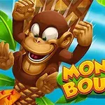 Opica šplhajúca po palme s nadšeným výrazom a farebným nápisom Monkey Bounce na modrej oblohe