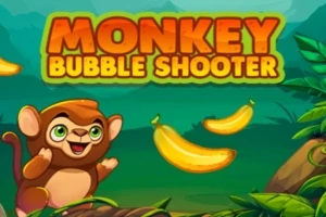 Opica s farebnými banánmi v džungli s textom Monkey Bubble Shooter