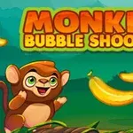 Opica s farebnými banánmi v džungli s textom Monkey Bubble Shooter