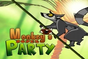 Lemur lezúci po liáne na svetlom zelenom pozadí s textom Monkey Ropes Party