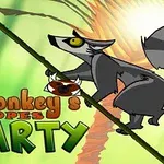 Lemur lezúci po liáne na svetlom zelenom pozadí s textom Monkey Ropes Party