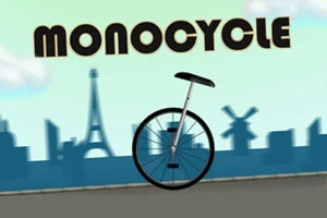Monocykl s nápisom MONOCYCLE pred siluetou mesta s ikonickými stavbami, ako je Eiffelova veža a veterný mlyn