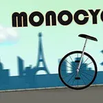 Monocykl s nápisom MONOCYCLE pred siluetou mesta s ikonickými stavbami, ako je Eiffelova veža a veterný mlyn