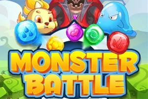 Farebný nápis „Monster Battle“ obklopený kreslenými potvormi a farebnými symbolmi živlov