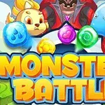 Farebný nápis „Monster Battle“ obklopený kreslenými potvormi a farebnými symbolmi živlov