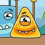 Dve kreslené postavičky v tvare modrého kocka a žltej pyramídy s úsmevom a veľkými očami stojace vedľa seba