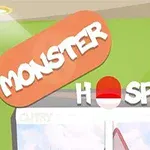 Nápis Monster Hospital na zelenej stene s oranžovým zvýraznením slova Monster