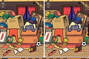 Srovnávacia ilustrácia dvoch identických obrázkov preplnenej miestnosti s pohľadom na rôzne hračky a predmety, vrátane futbalovej lopty, plyšového medvedíka a schované stvorenie s klobúkom