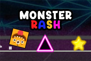 Kreslená postava v tvare štvorca s tvárou, ružový trojuholník a žltá hviezda na tmavom pozadí s nápisom MONSTER RASH