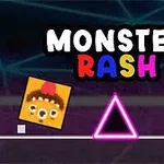 Kreslená postava v tvare štvorca s tvárou, ružový trojuholník a žltá hviezda na tmavom pozadí s nápisom MONSTER RASH