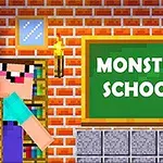 Dve postavy pri tabuli s nápisom Monster School na pozadí z červených tehál
