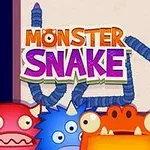 Farebný nápis Monster Snake so štyrmi kreslenými príšerkami v popredí a modrým hadom v pozadí
