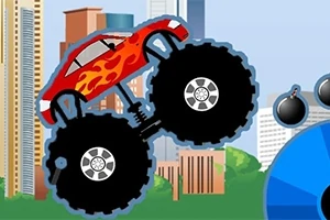 Červené auto s plameňmi na veľkých kolesách skáče pred panorámou mesta