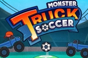 Dva modré monster trucky sedia na ihrisku s futbalovou loptou medzi nimi a nad nimi je veľký farebný nápis