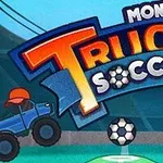Dva modré monster trucky sedia na ihrisku s futbalovou loptou medzi nimi a nad nimi je veľký farebný nápis