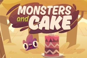 Farebná ilustrácia s textom Monsters and Cake nad veľkou tortou a s kreslenou postavičkou v pozadí