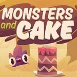 Farebná ilustrácia s textom Monsters and Cake nad veľkou tortou a s kreslenou postavičkou v pozadí