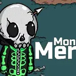 Postavička s lebkou namiesto hlavy a zelenou bundou stojí na tmavom pozadí s textom Monsters Merge