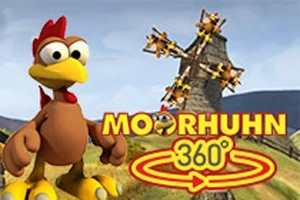 3D animovaná postava kohúta stojí pred veterným mlynom, vedľa textu MOORHUHN 360°