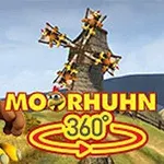 3D animovaná postava kohúta stojí pred veterným mlynom, vedľa textu MOORHUHN 360°
