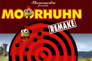 Názov Moorhuhn Remake s obrázkom animovanej sliepky a terčom na vidieckom pozadí