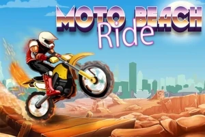 Motorkár v bielom priesvitnom oblečení skáče na žltom motocykli cez rampu na piesočnatej pláži s mestom v pozadí